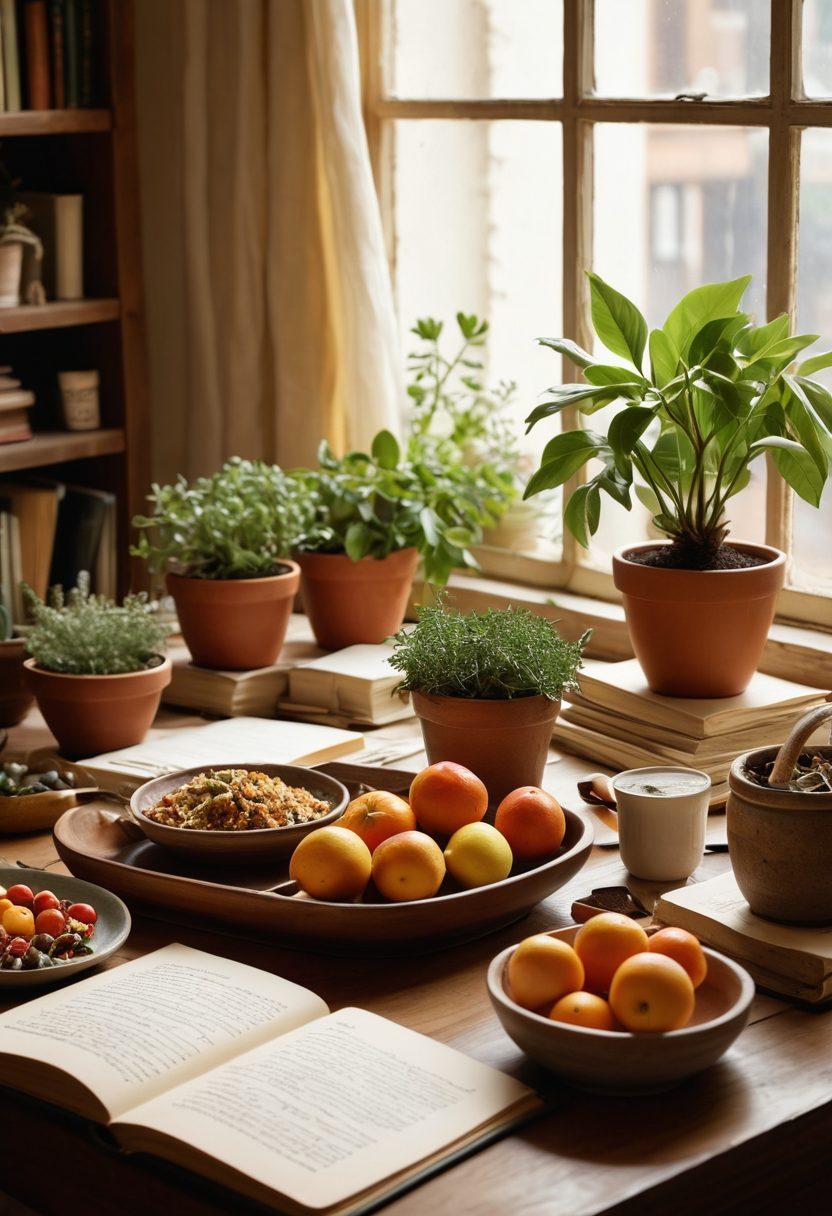 A serene dining table set with a variety of healthy foods reflecting cultural cuisines, surrounded by open books and notebooks filled with handwritten notes on hunger narratives. Soft natural lighting filters through a window, casting gentle warmth on the scene while a potted plant adds a touch of life. The atmosphere conveys a sense of calm learning and meaningful exploration. super-realistic. warm colors. natural lighting.