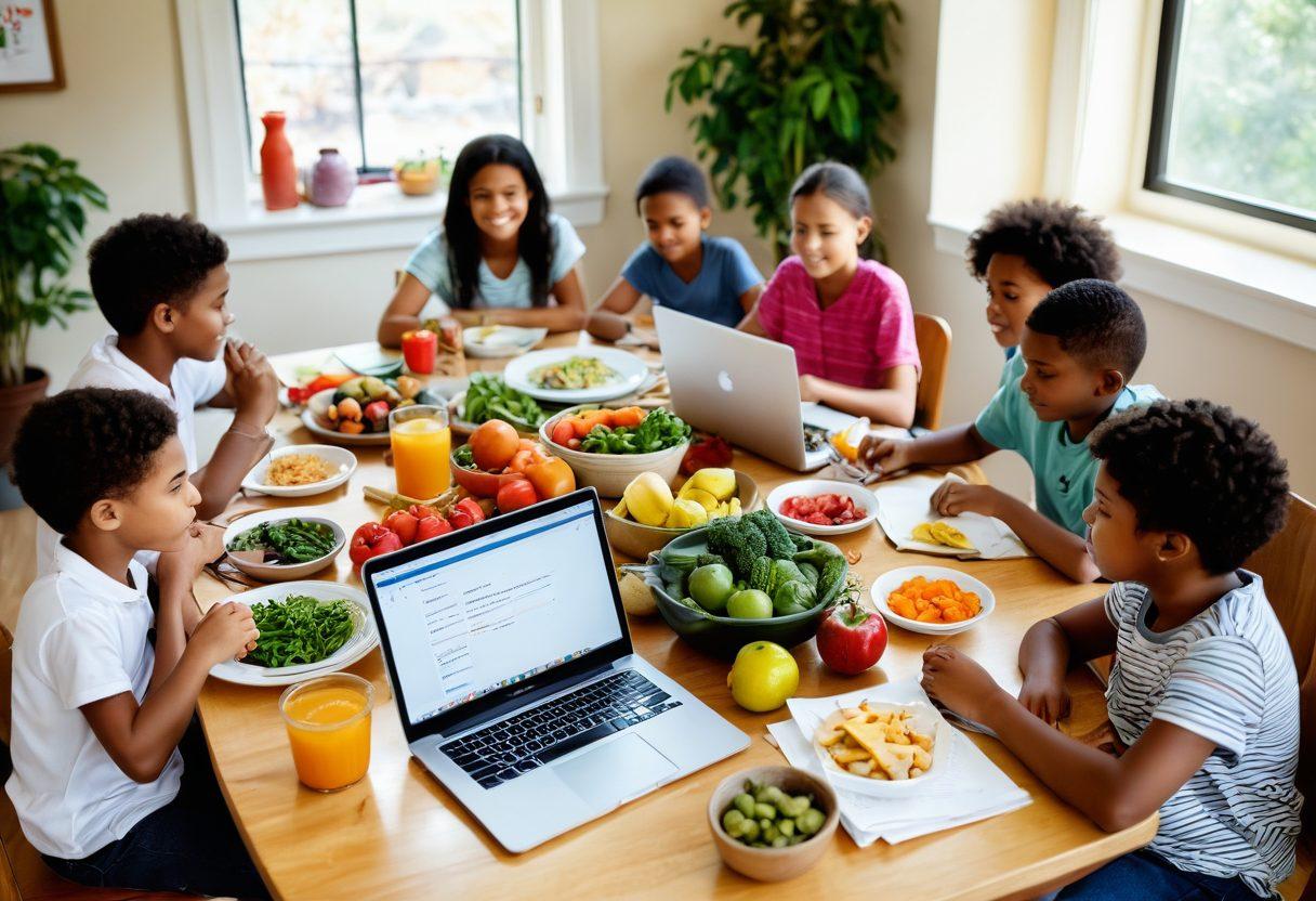 A warm, inviting workspace filled with soft natural light, showcasing a diverse group of people (children and adults) sharing meals together, surrounded by fresh fruits and vegetables. In the background, an open laptop displays a blog post about malnutrition awareness. Incorporate elements of handwritten notes and colorful food illustrations on the table. super-realistic. vibrant colors. cozy atmosphere.