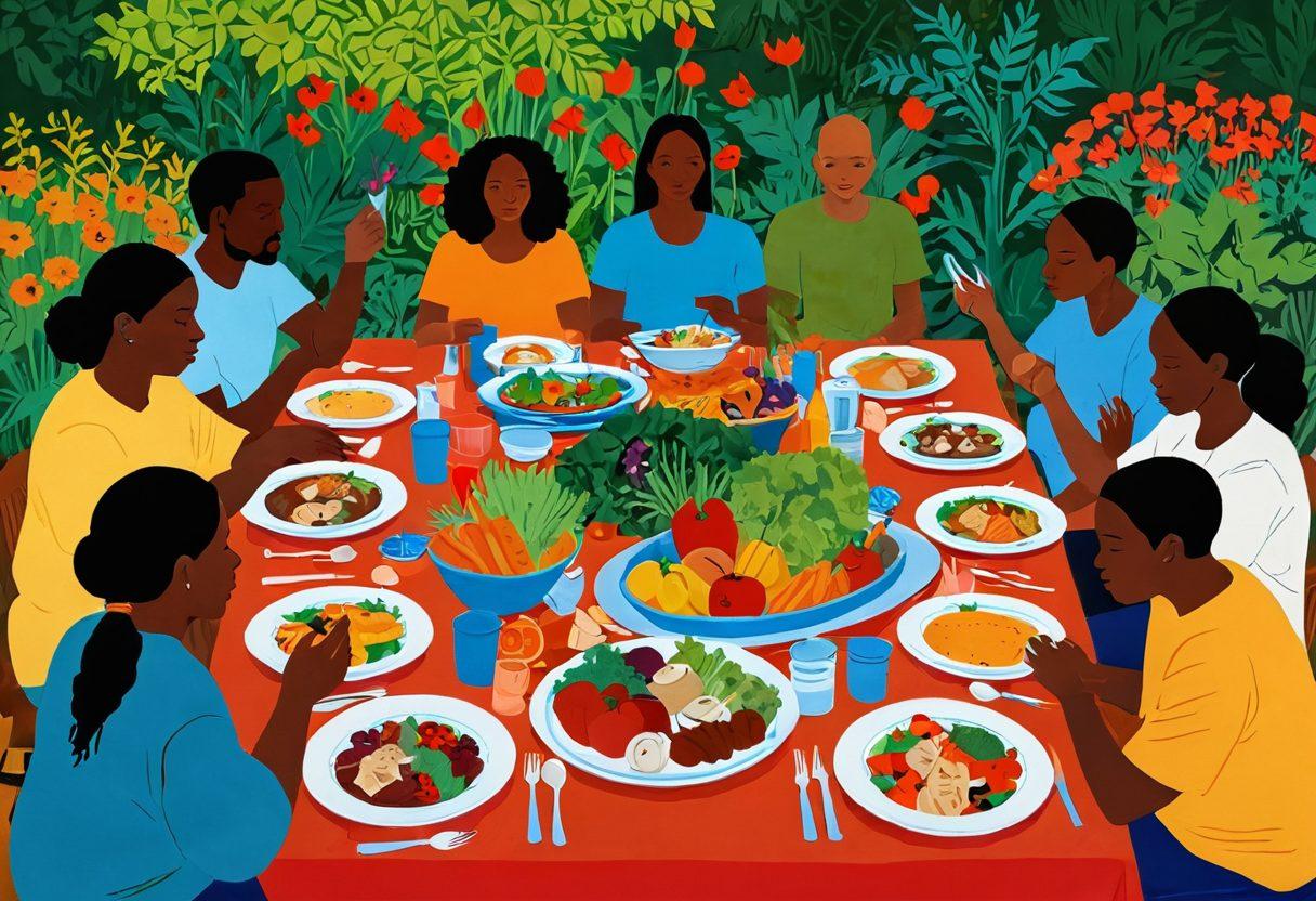 A vibrant illustration of a diverse group of people sharing a meal together, surrounded by symbols of food scarcity such as empty plates and wilting crops, contrasted with flourishing vegetables and fruits symbolizing wellness. The scene is set against a backdrop of a community garden, signifying hope and resilience. Warm colors and rich textures evoke emotions of togetherness and empathy. hyper-realistic. vibrant colors. community-focused.